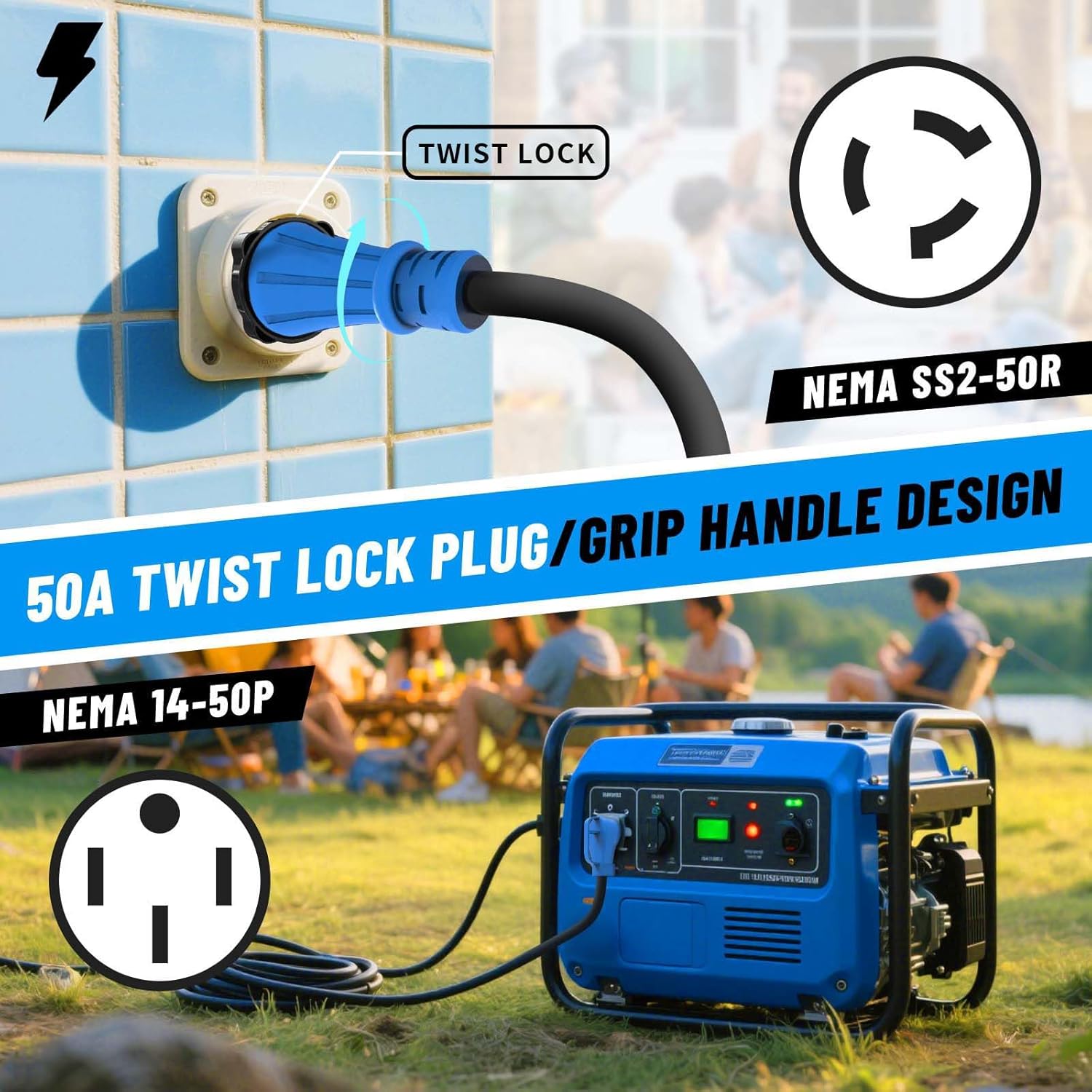 50 Amp Generator Cord, 25FT RV Extension Cord with Twist Lock, 4 Prong NEMA 14-50P to SS2-50R, Heavy Duty 6/3+8/1 Gauge STW Wire Cable for Camper & House, ETL Listed (25FT)