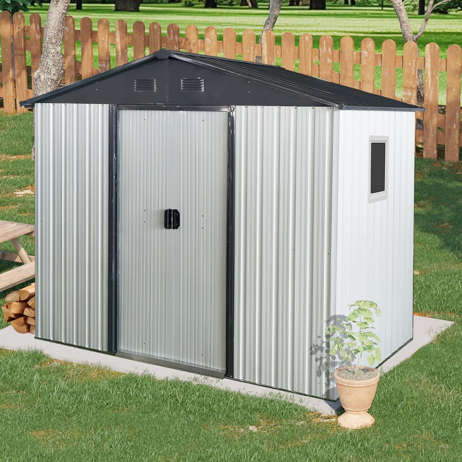 8 x 4 FT Outdoor Storage Shed, Metal Garden Shed with Floor Frame, Tool Shed Outdoor Storage with Lockable Sliding Doors & Window & Air Vent, Storage House Waterproof for Backyard, Lawn, White + Black