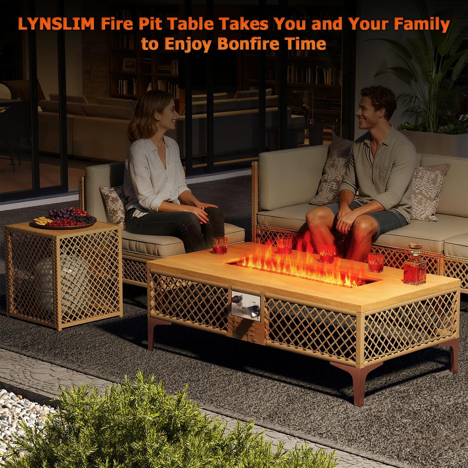 LYNSLIM Outdoor Fire Pit Table with Tank Table, CSA Certifed 60,000 BTU Stainless Steel Burner, Rattan Rectangular Propane Patio Firepit Table for Outside with Exterior, Porch, Backyard or Garden