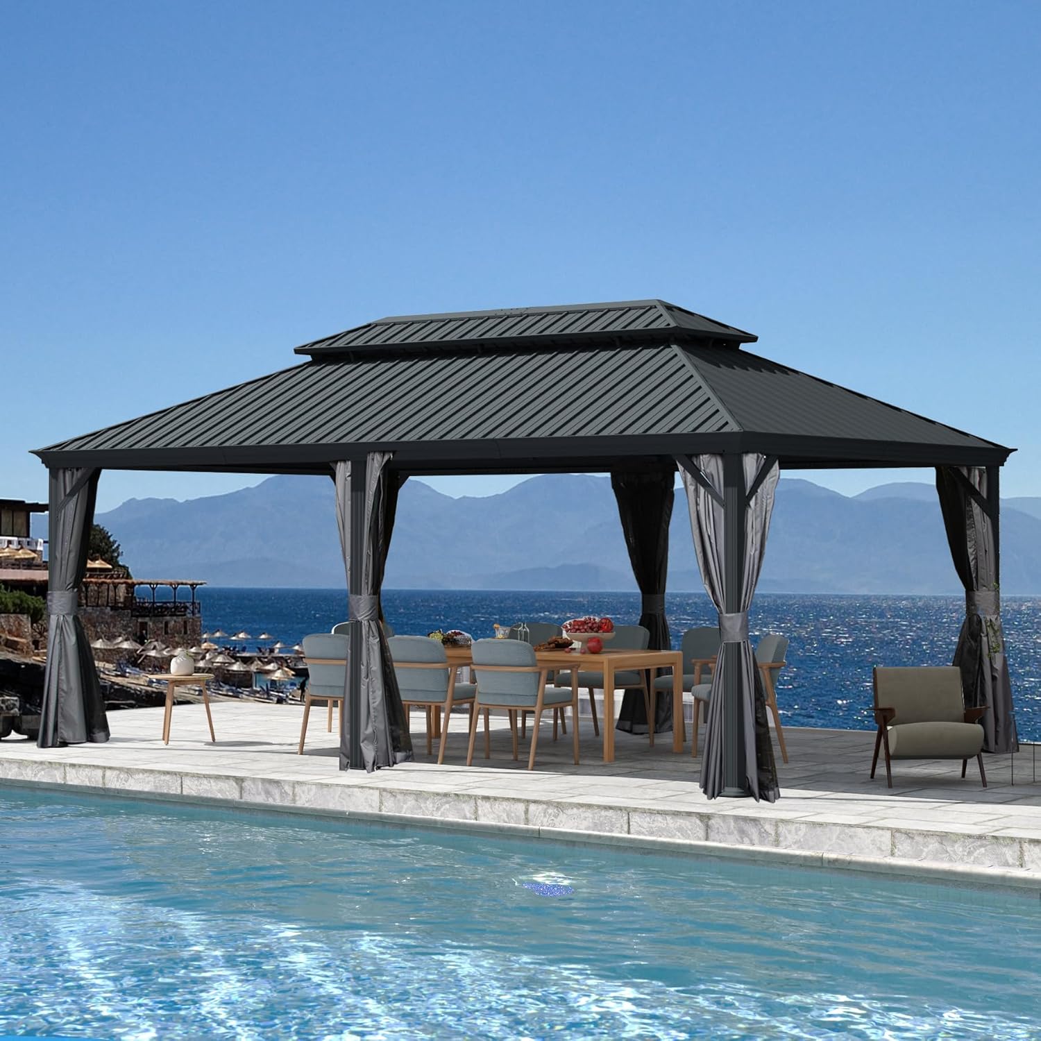 12’ x 18’ Outdoor Hardtop Gazebo with Gutters, Double Roof Galvanized Metal Gazebo for Backyard, Patio, Deck, Hot Tub, Heavy Duty Canopy Permanent Pavilion with Curtains and Netting, Grey