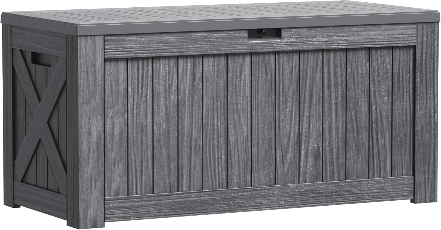 Greesum Outdoor Storage Box 120 Gallon Storage Bin with Lid for Patio Furniture, Garden Tools, Pool Supplies, Lockable, Waterproof and UV Resistant, Gray