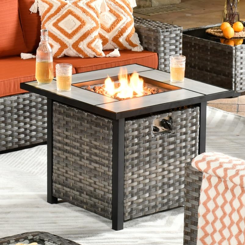 HOOOWOOO Patio Outdoor Fire Pit Table,30 inch Square Outside Propane FirePit with Matching Wicker for Outdoor Furniture Conversation Sofa Couch Set,50,000 BTU