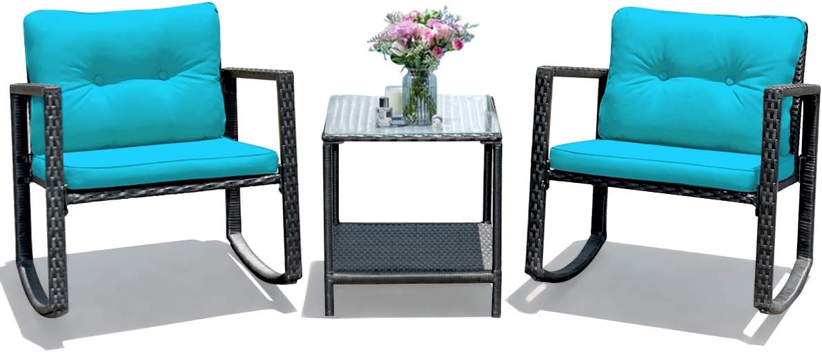 Tangkula 3 Pieces Patio Wicker Rocking Bistro Set, Outdoor Rocking Chair Furniture Set w/Cushioned Seat, Conversation Set w/Glass Coffee Table and Storage Shelf (Turquoise)