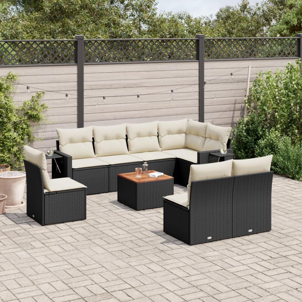 9-Piece Garden Sofa Set in Black and Cream White, Modern Outdoor Furniture with Poly Rattan and Acacia Wood, Modular Patio Seating with Weather-Resistant Design, Plush