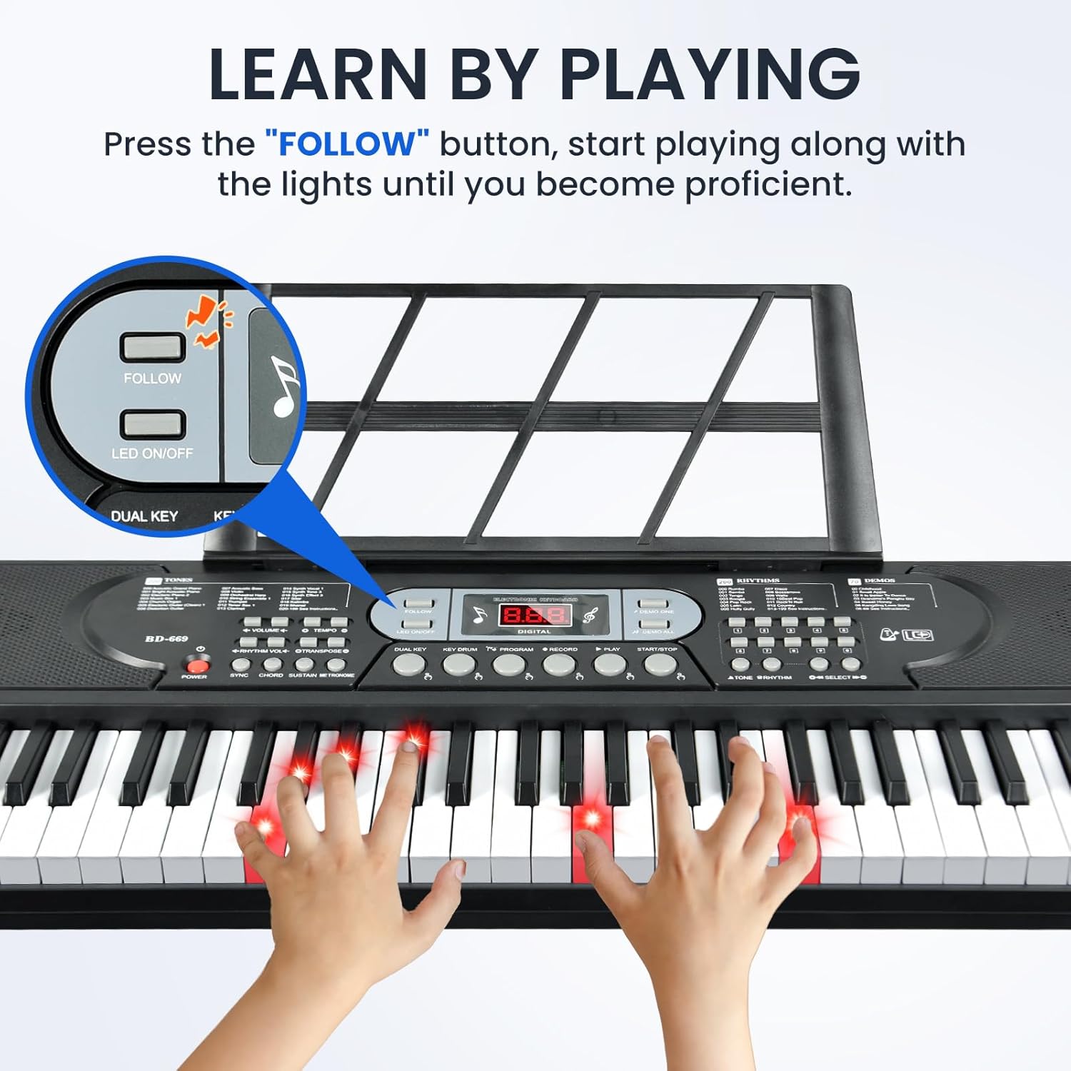 61-Key Lighted Keyboard Piano for Beginners, Electric Keyboard with Pitch Bend & Built-In Speakers, Teaching Mode, Portable Piano Set with Stand, Bench & Microphone