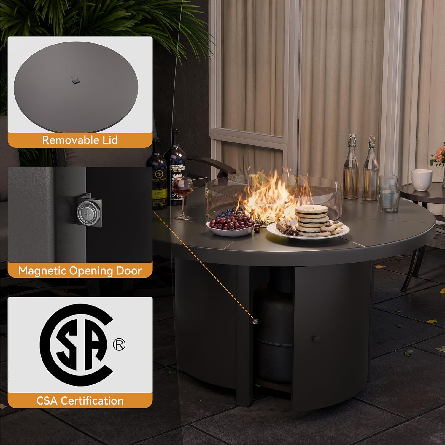 ALAULM Round Gas Fire Pit Table 48in, 40000 BTU Outdoor Propane Fire Pit with Round Metal Tabletop, Adjustable Flame,Windshield & CSA Certification for Outside Patio and Garden