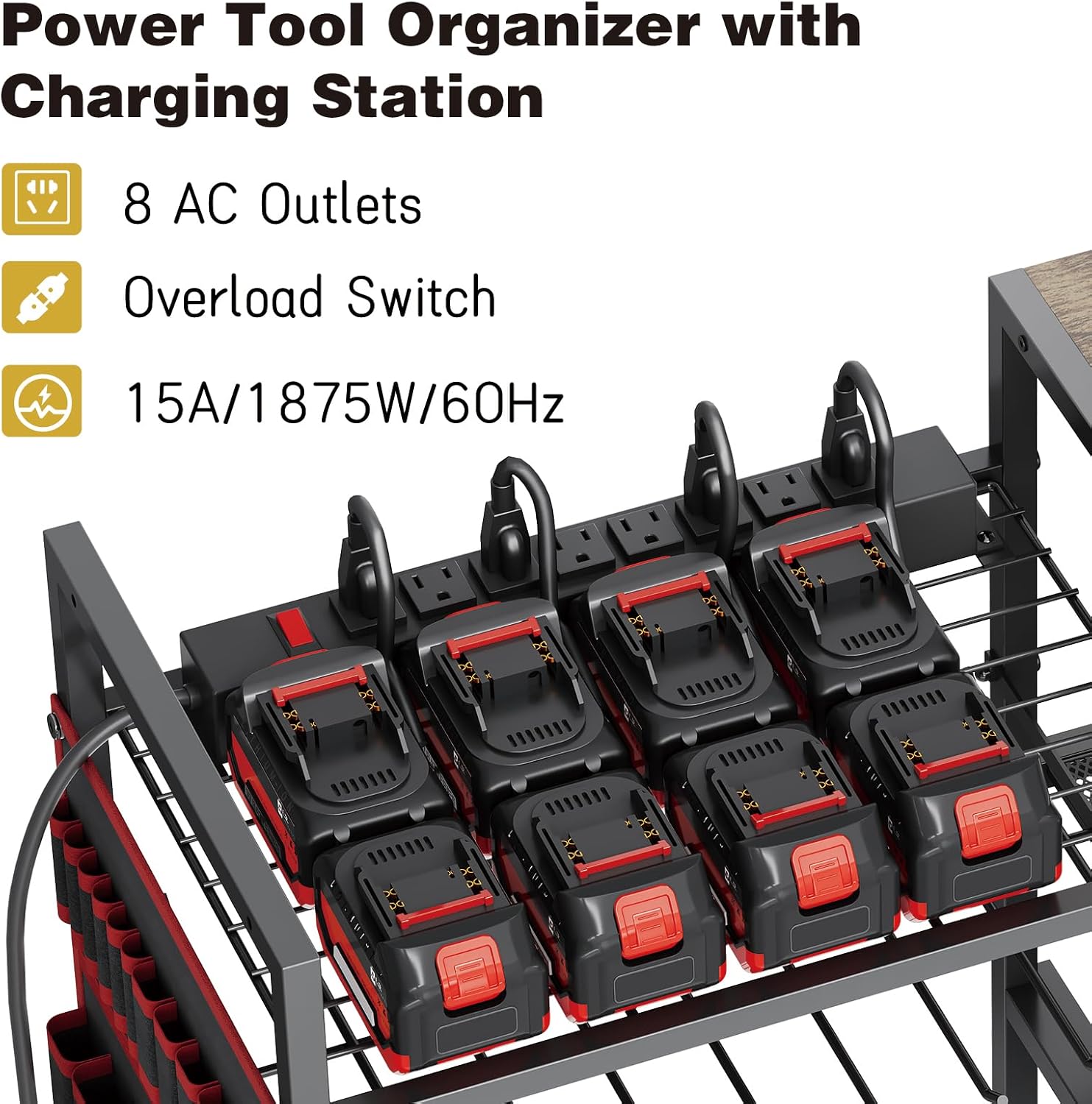 Large Power Tool Organizer Cart with Charging Station, 8 Slots for Cordless Drill Holder with Drawers, Rolling Storage Cart with 8 Power Outlet Heavy Duty Garage Organizer with Wheels for Men