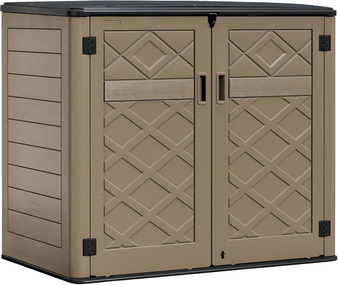 HOMSPARK Storage Shed Weather Resistance, Multi-Purpose Outdoor Storage Cabinet for Backyards and Patios, Horizontal Storage Shed for Lawnmower, Patio Accessories (Brown, X Large - 48 cu.ft)