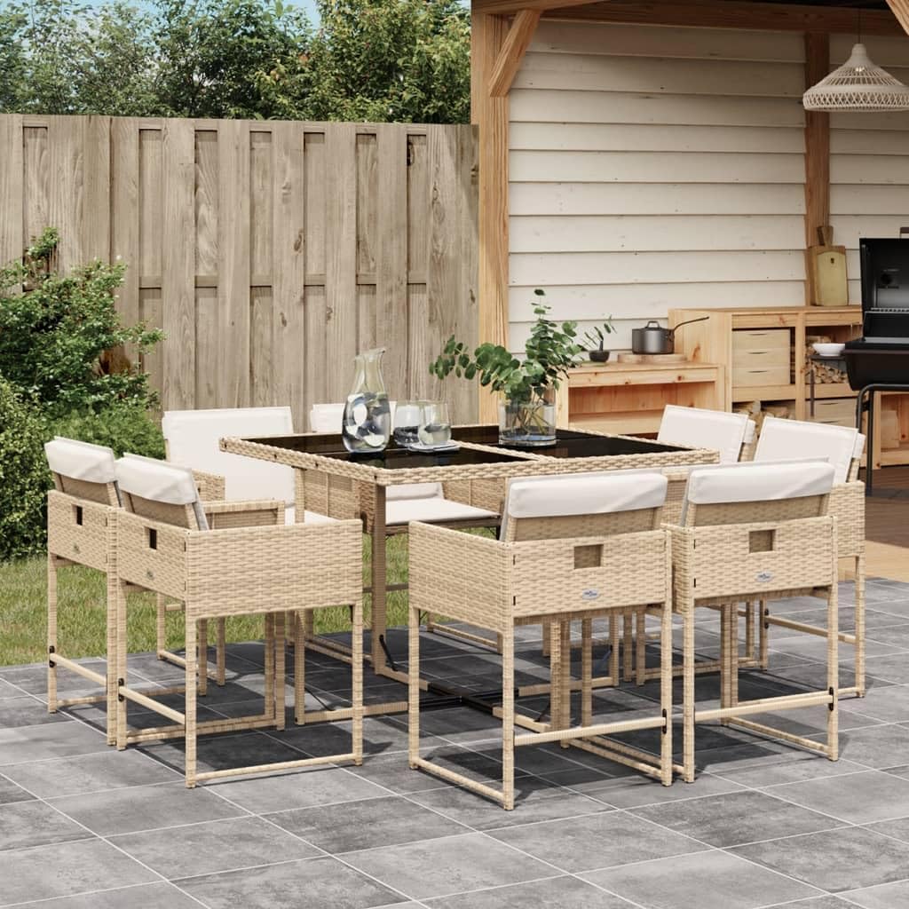 9 Piece Patio Dining Set with Cushions Beige Poly Rattan,Outdoor PE Rattan Dining Set with Foldable Chairs and Cushions for Patio and Garden Furniture Sets for Patio, Lawn & Garden