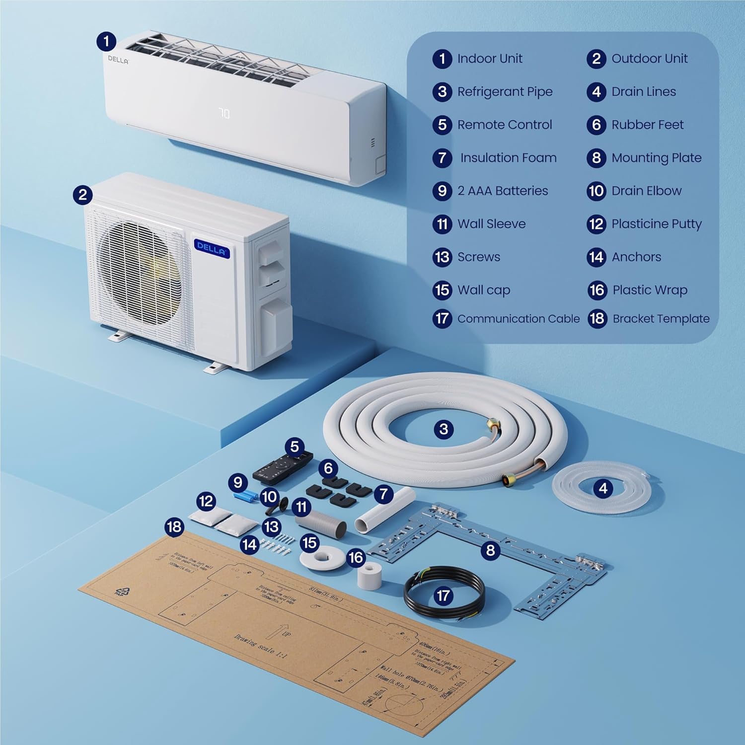 DELLA Vario Series 12000 BTU Mini Split AC, Work with Alexa and Wifi, 20.5 SEER2 Cools Up to 550 Sq.Ft, Energy Efficient, 115V Ductless Inverter System, Pre-Charged Heat Pump and 16.4ft Kits
