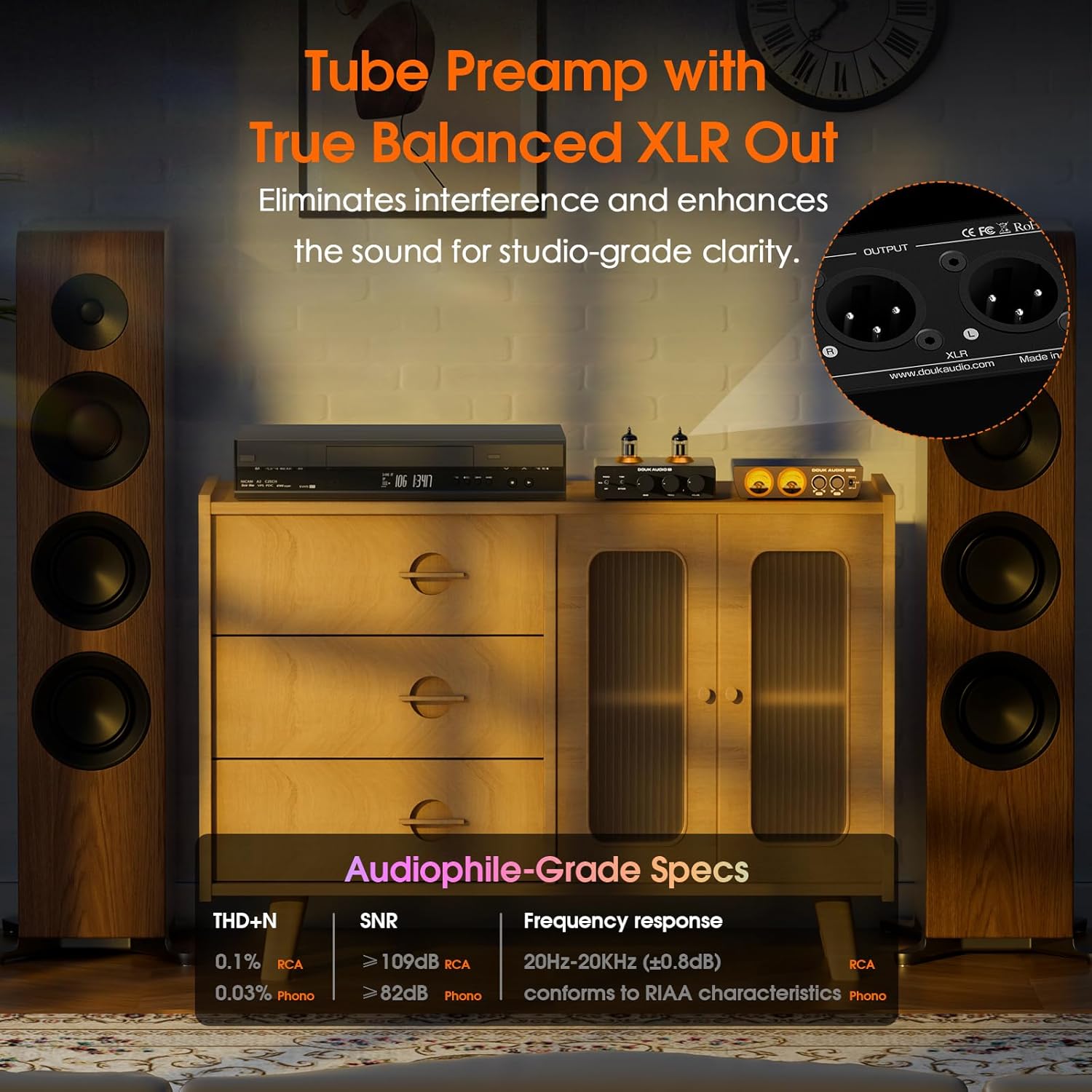 Douk Audio P7 Phono Preamp: Vacuum Tube Turntable Preamplifier with Balanced XLR Output, High-Pass Filter, Bass & Treble Control, Bypass for MM Record Player, Amplifier, Speaker