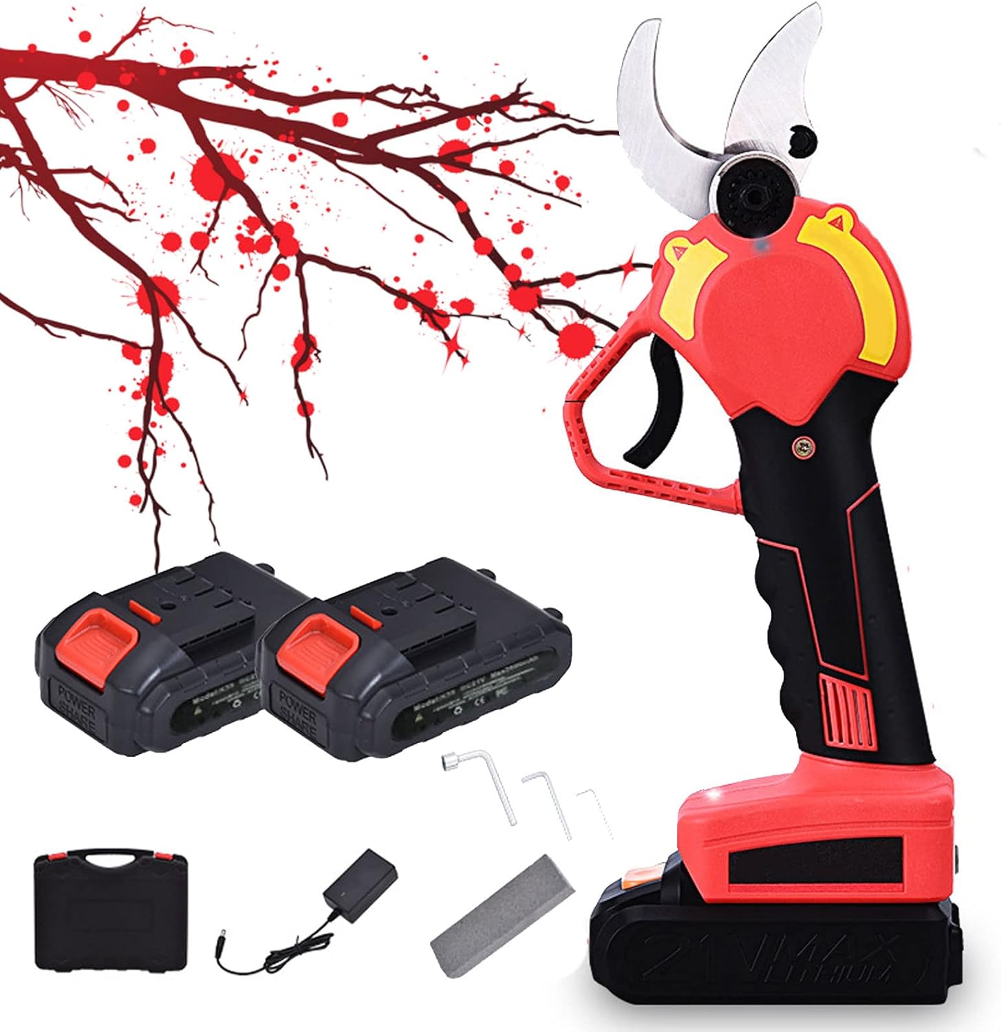 Electric Pruning Shears 35mm Heavy Duty Secateurs Branch Cutter Professional 21V Cordless Pruner Battery Powered Tree Branch Cutter with 2 Pcs Rechargeable Lithium Battery for Gardening Tree