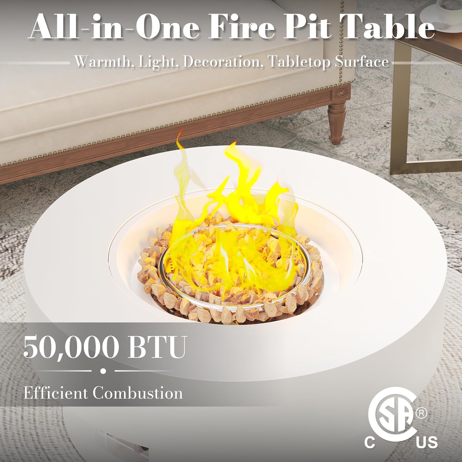 32.5 Inch Propane Fire Pit Table, 50,000 BTU Round Patio Fire Pit Table Outdoor, CSA Certified, Stainless Burner with Steel Lid, Waterproof Cover & Lava Rocks, for Backyard Garden, White