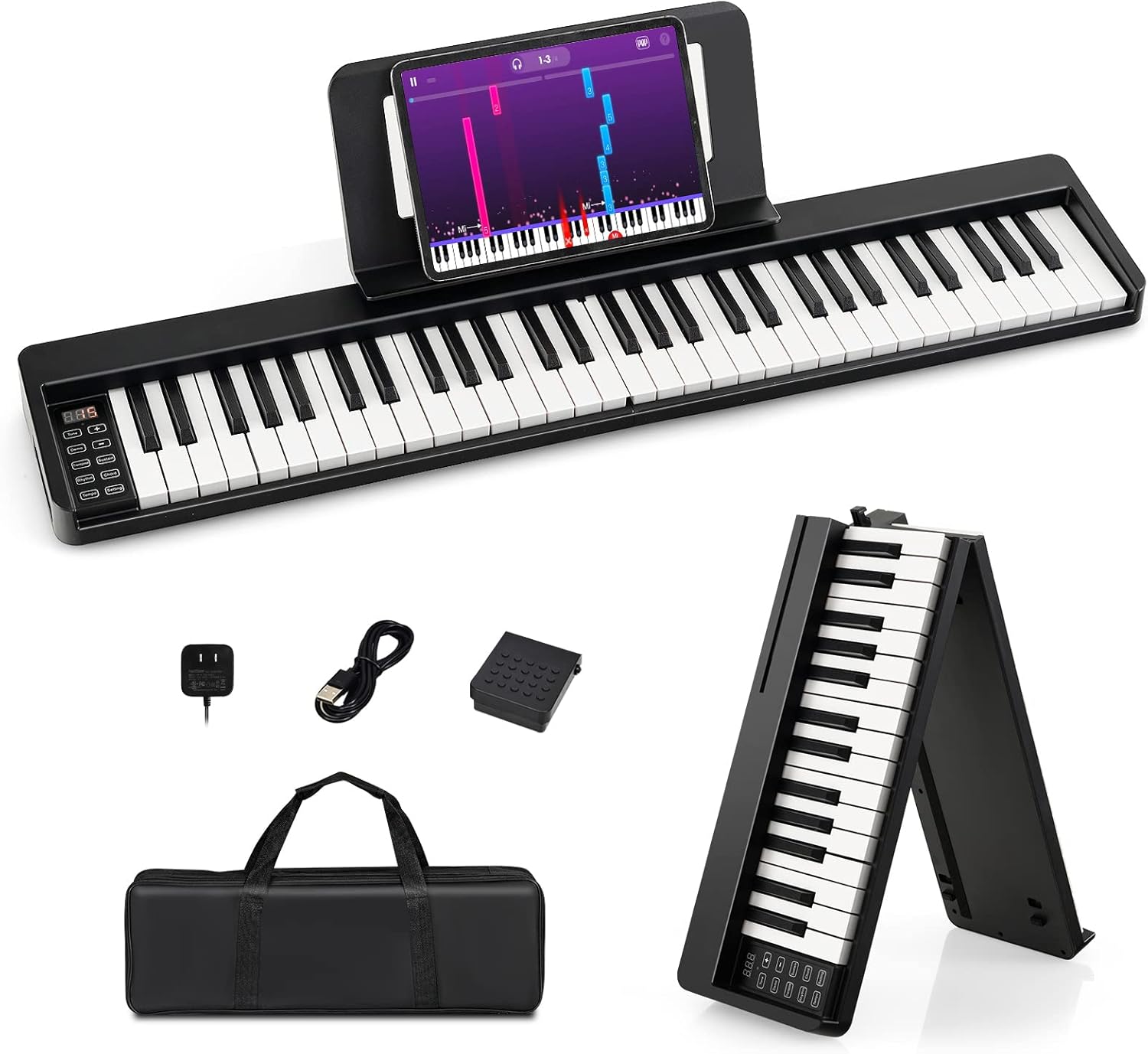 Costzon 61-Key Folding Piano Keyboard, Portable Electric Piano w/Full Size Keys, Music Stand, Sustain Pedal, MIDI, Piano Bag, Power Supply, Digital Piano Keyboard for Beginners, Teens, Adults (Black)