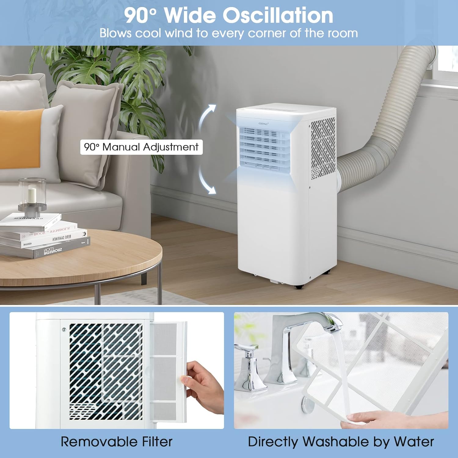 COSTWAY Portable Air Conditioner, 8000 BTU AC Unit with Built-in Dehumidifier, Fan Mode, Sleep Mode, 24H Timer, Remote Control, Window Installation Kit & Remote Control, Cools up to 250 Sq. Ft