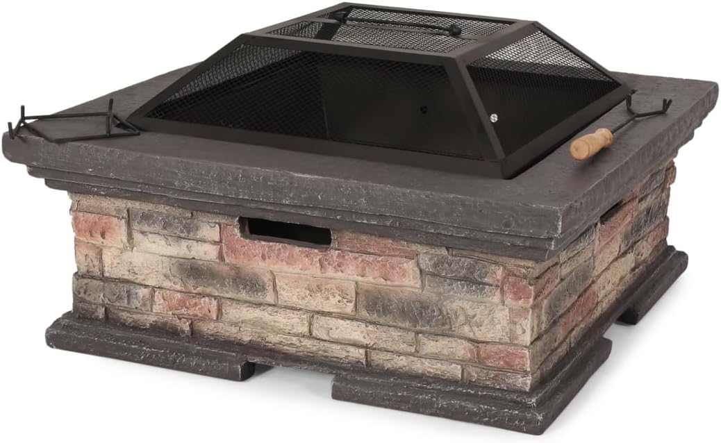 29 Inch Square Stone Gray Wood-Burning Fire Pit, Outdoor MGO Magnesium Oxide Fire Pit Table, Lightweight Concrete Patio Heater for Garden Backyard, No Assembly Required