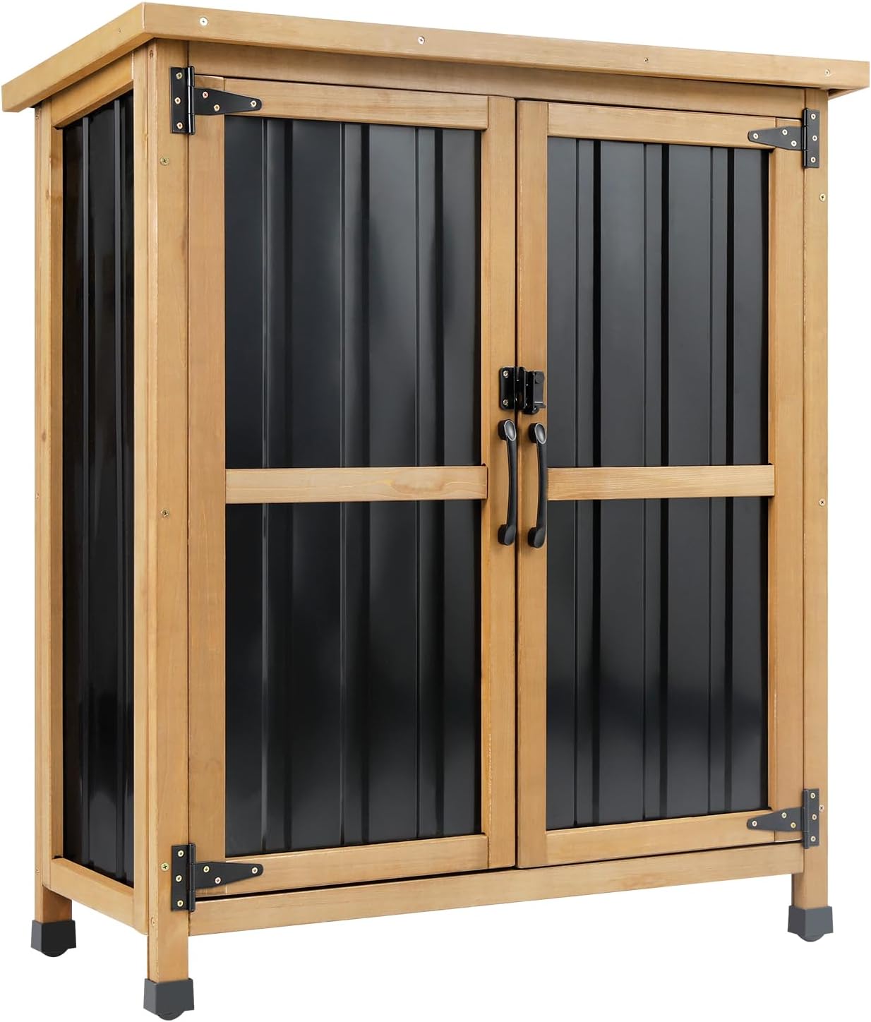 Wood & Metal Outdoor Storage Cabinet with Waterproof Roof, Garden Tool Shed with 4 T-Hinge, 4 Adjustable feet and Magnetic Door, 2 Removable Shelves, Easy Installation, 13.5