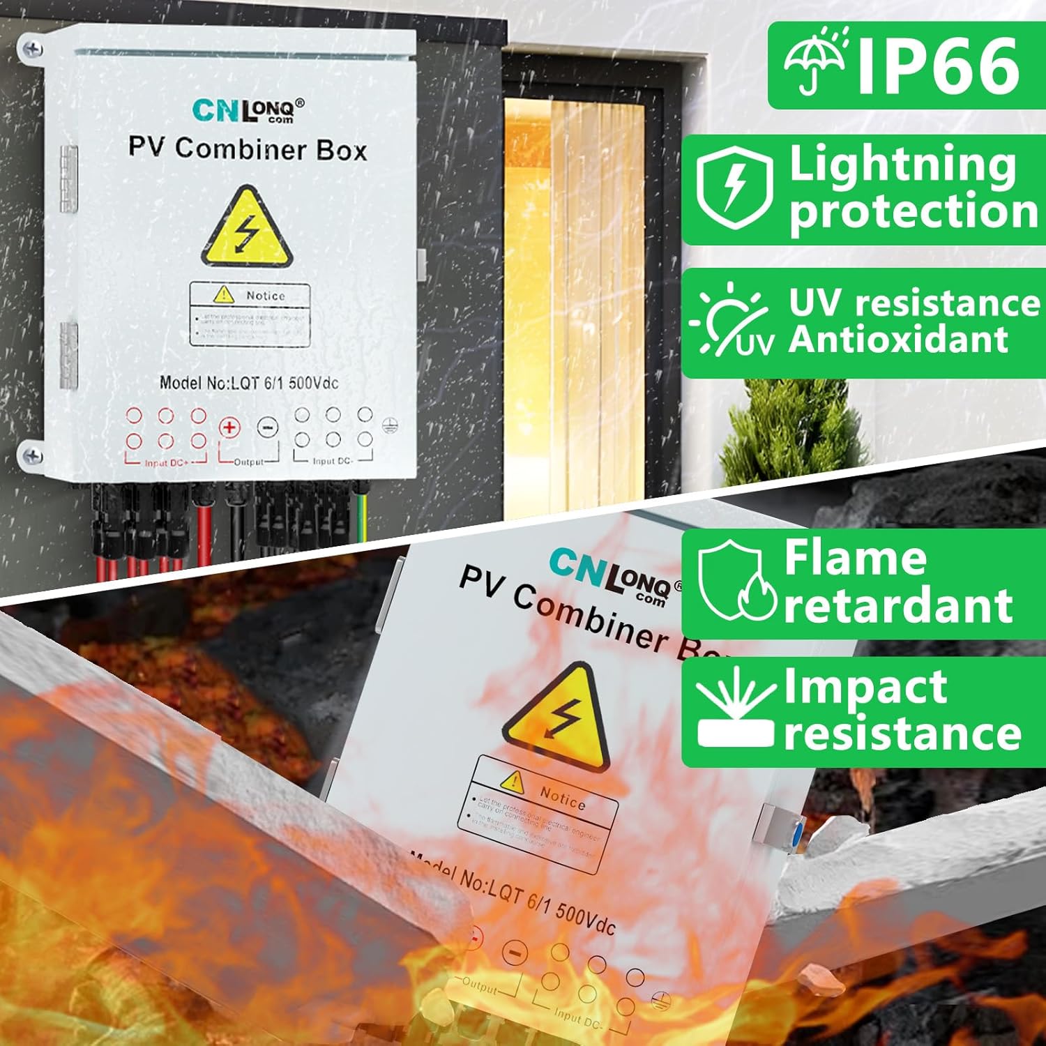 6 Strings Metal Solar PV Combiner Box DC500V 100A Circuit Breaker with Surge Protector, 15A Fuses and Radiator, Outdoor IP66 Waterproof for Solar Panels System