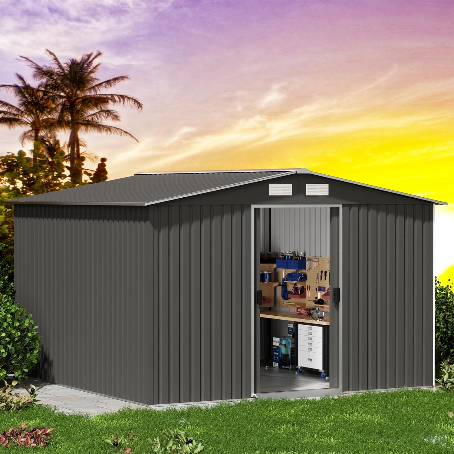 10' x 10' Storage Shed, Outdoor Garden Tool Shed with Double Sliding Door, Utility Metal Shed for Backyard Patio Lawn to Store Tools, Grey
