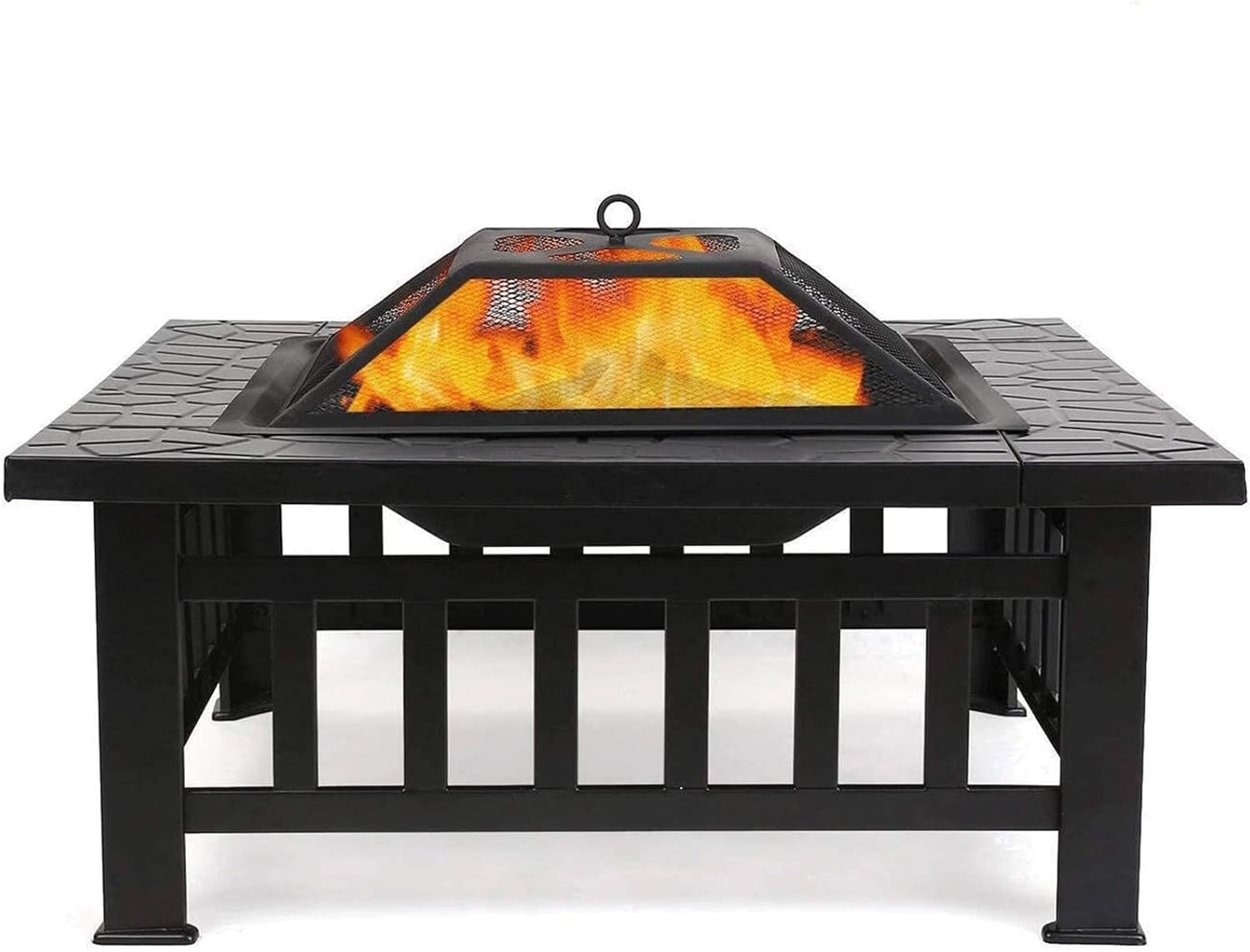 3 in 1 Outdoor Brazier Large Fire Pit Outdoor Metal Brazier Square Table with Waterproof Cover BBQ Grill Shelf Suitable for Camping Bonfire Patio Backyard