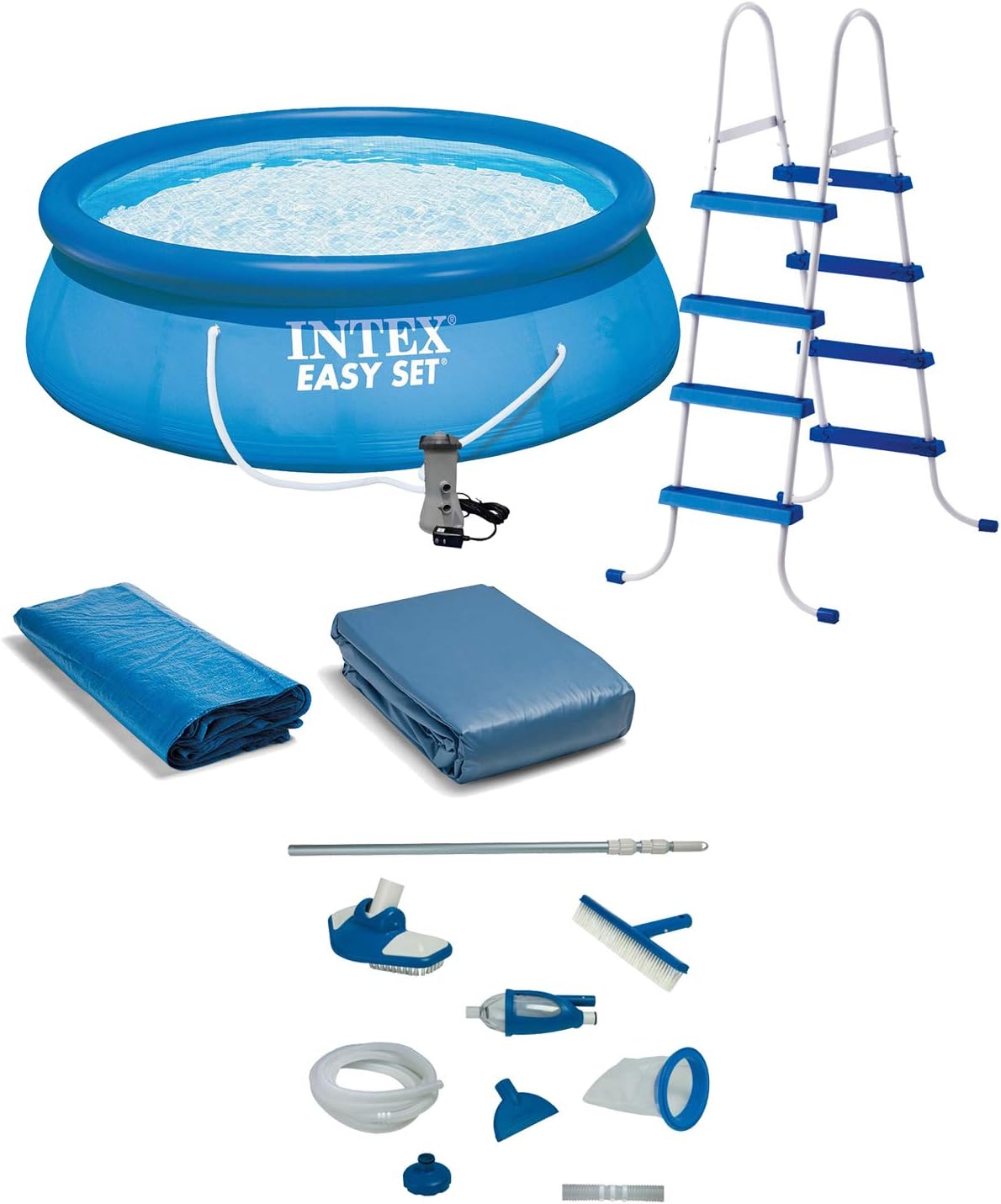 Intex 15'x48 Round Inflatable Outdoor Above Ground Swimming Pool Set with Ladder, Filter Pump, and Deluxe Maintenance Pool Cleaning Kit for Backyards