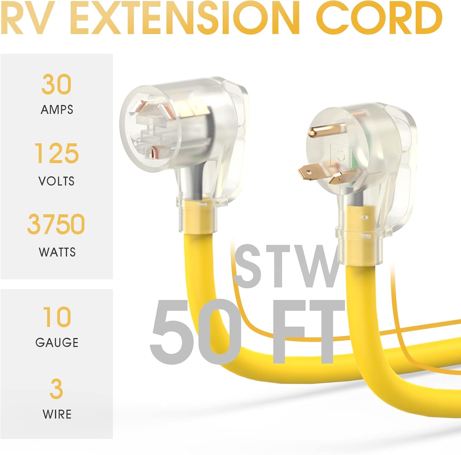 TOOLIOM 30 Amp Generator Extension Cord, NEMA TT-30P/TT-30R RV Extension Cord, 125V 3750W 10/3 AWG STW Generator Cord with LED Indicator Grip Handle for Generator RV Trailer Campers, UL Listed (50FT)