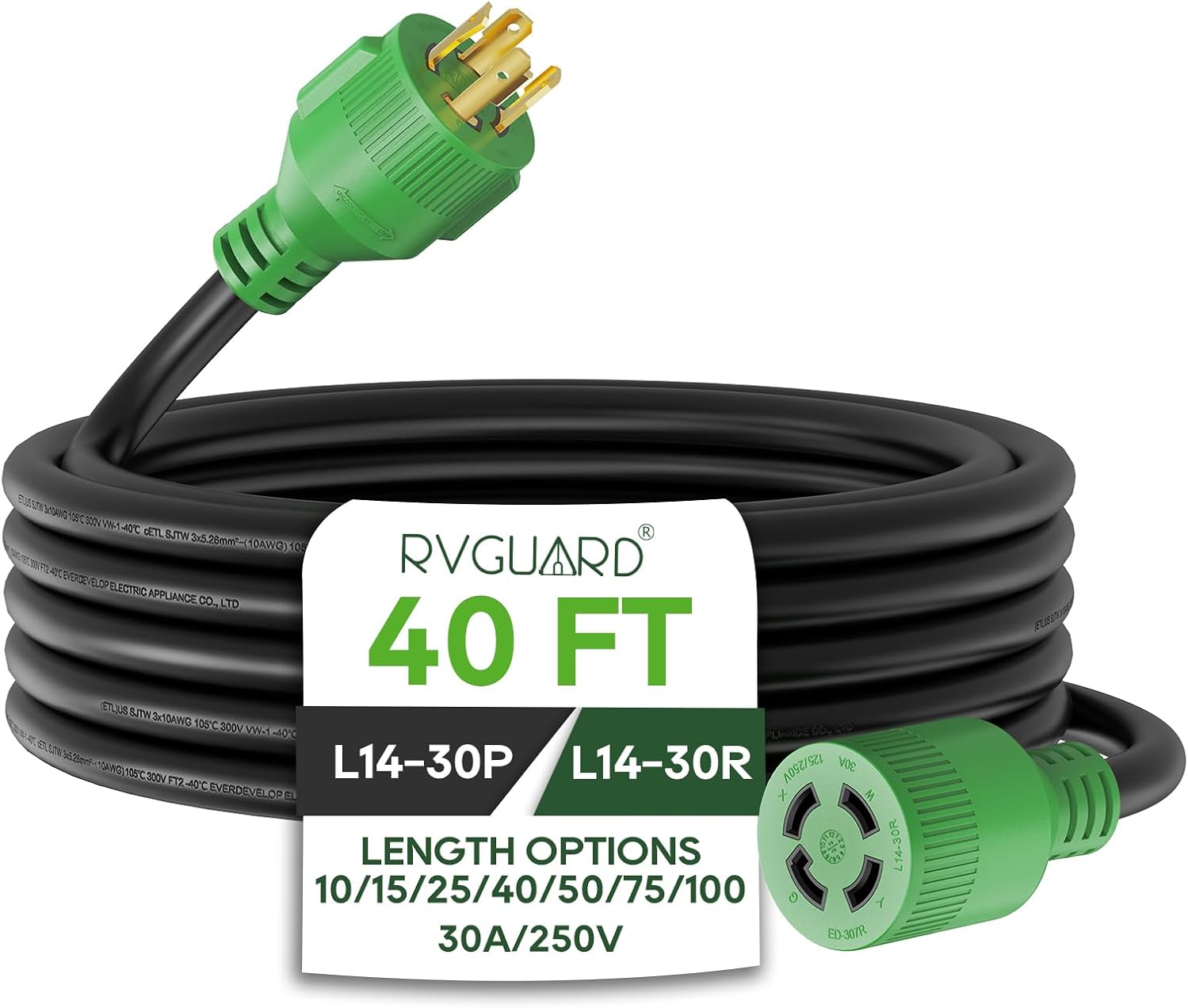 RVGUARD 4 Prong 30 Amp 40 Foot Generator Extension Cord, NEMA L14-30P/L14-30R, 125/250V Up to 7500W 10 Gauge SJTW Cord with Organizer, ETL Listed