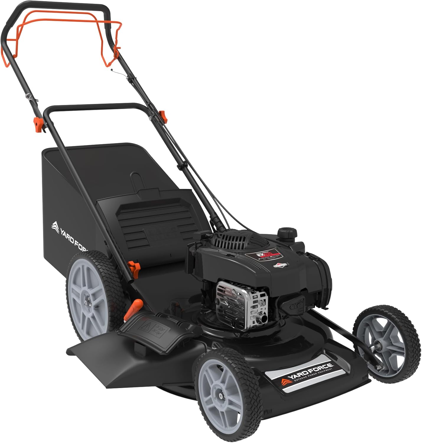 Yard Force Self Propelled Lawn Mower Briggs & Stratton 150cc Gas Engine 22-inch Steel Deck 3-in-1 Mulch, Bag, Side Discharge, 12-inch High Rear Wheels