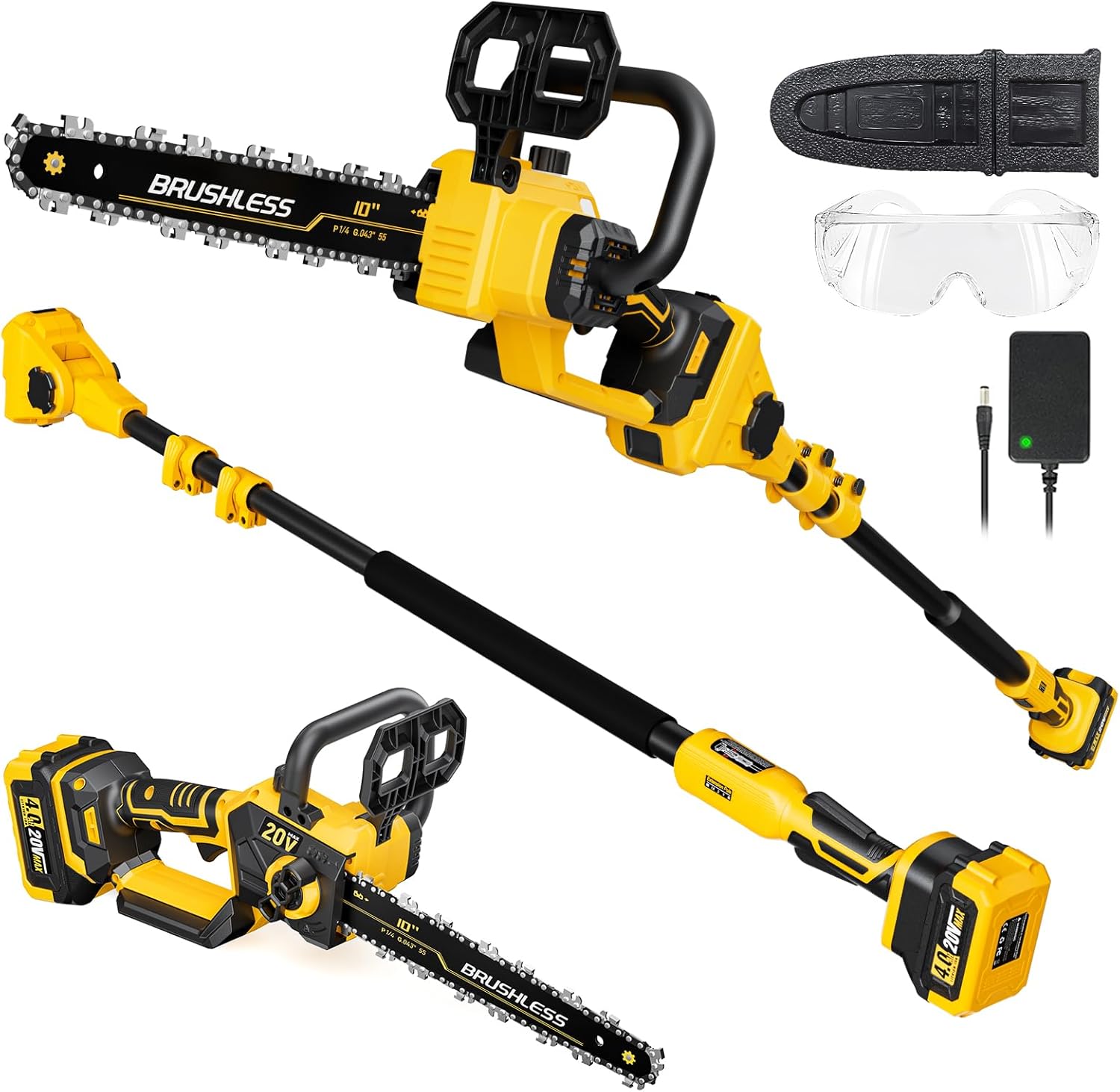 2-in-1 Electric Pole Saws Compatible with Dewalt 20V MAX* Battery, 10 Inch Cordless Chainsaw for Tree Trimming, 14.5 FT Max Reach Extension Pole for Outdoors Pruning with 1×4.0ah Battery