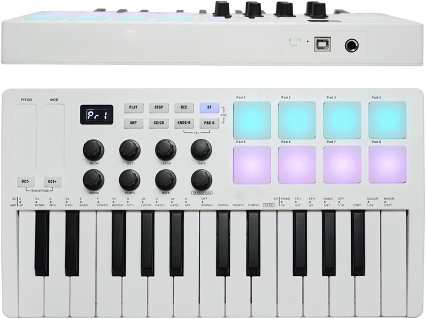 25 Keys MIDI Keyboard Controller, 8 Backlit Drum Pads, 8 Assignable Knobs Music Production Software, BT Wired Connection, Smart Chord Sound