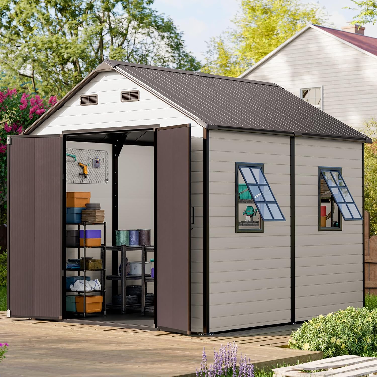 CDCASA 8x8 FT Resin Storage Shed, Waterproof Outside Plastic Storage Sheds with Floor, Adjustable Openable Windows, Lockable Door for Garden Patio Lawn, Brown & Beige