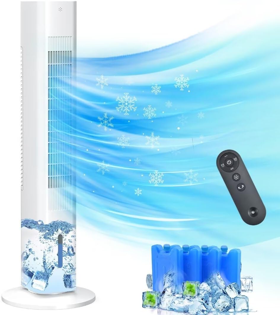 Windowless Portable Air Conditioner Ac Units with Remote, Evaporative Air Tower Cooling Fan, Small Indoor Outdoor Oscillating Swamp Cooler for Room Office Kitchen,7H Timer, Small, White