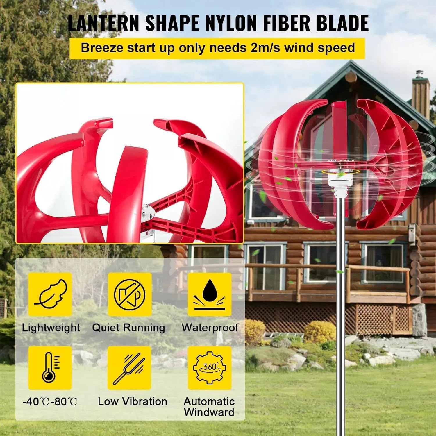 CAJUCA 9000W Lantern Wind Turbine 5 Blades Vertical Axis Wind Turbine Generator Lantern Suitable for Home Hybrid Street Lamp Use