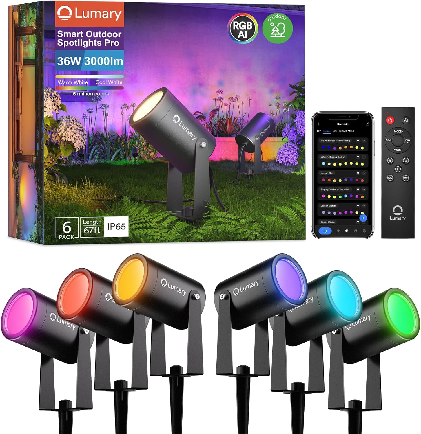 Lumary Smart Landscape Lights Pro 500LM, 6 Pack Color Changing Landscape Spotlights IP65 Waterproof, RGBAICW Low Voltage Outdoor Lights for Garden Yard and Pathway, APP/Remote/Voice Control, 65FT