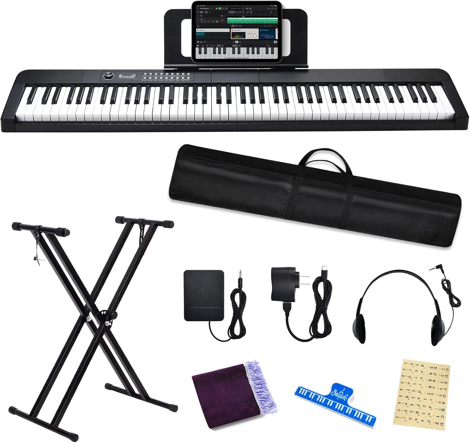 88 Key Keyboard Piano Electric Keyboard, 88 Key Digital Piano for for Beginner, with Power Adapter, Sustain Pedal, Stand, Bluetooth, Carrying Case, Headphones, USB-MIDI, for at Home/Stage