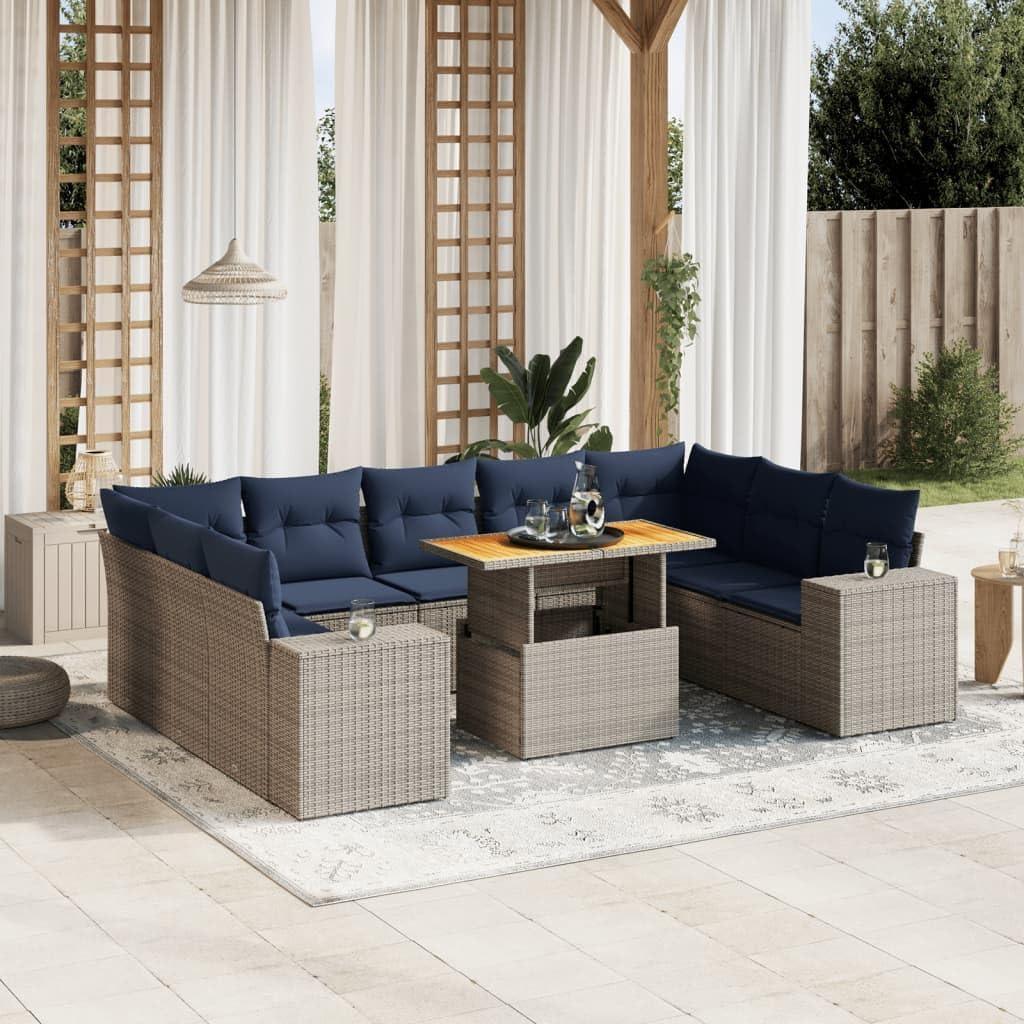 10 Piece Patio Sofa Set, Gray Poly Rattan Outdoor Sectional Furniture with Cushions, Adjustable Table, UV-Proof for Garden, Balcony