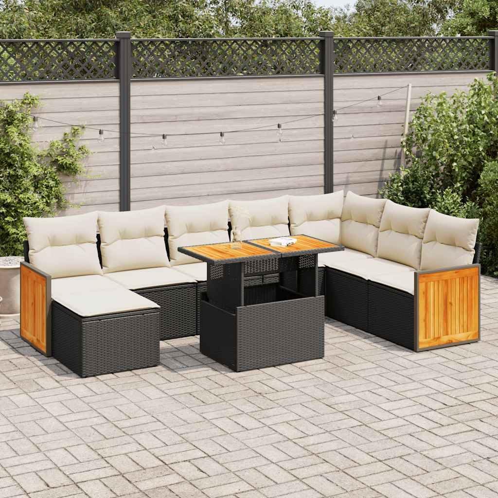 9-Piece Garden Sofa Set, Black PE Rattan Outdoor Patio Furniture, Acacia Wood Table, Adjustable Feet, for Balcony, Terrace, 7 Person Seating Capacity