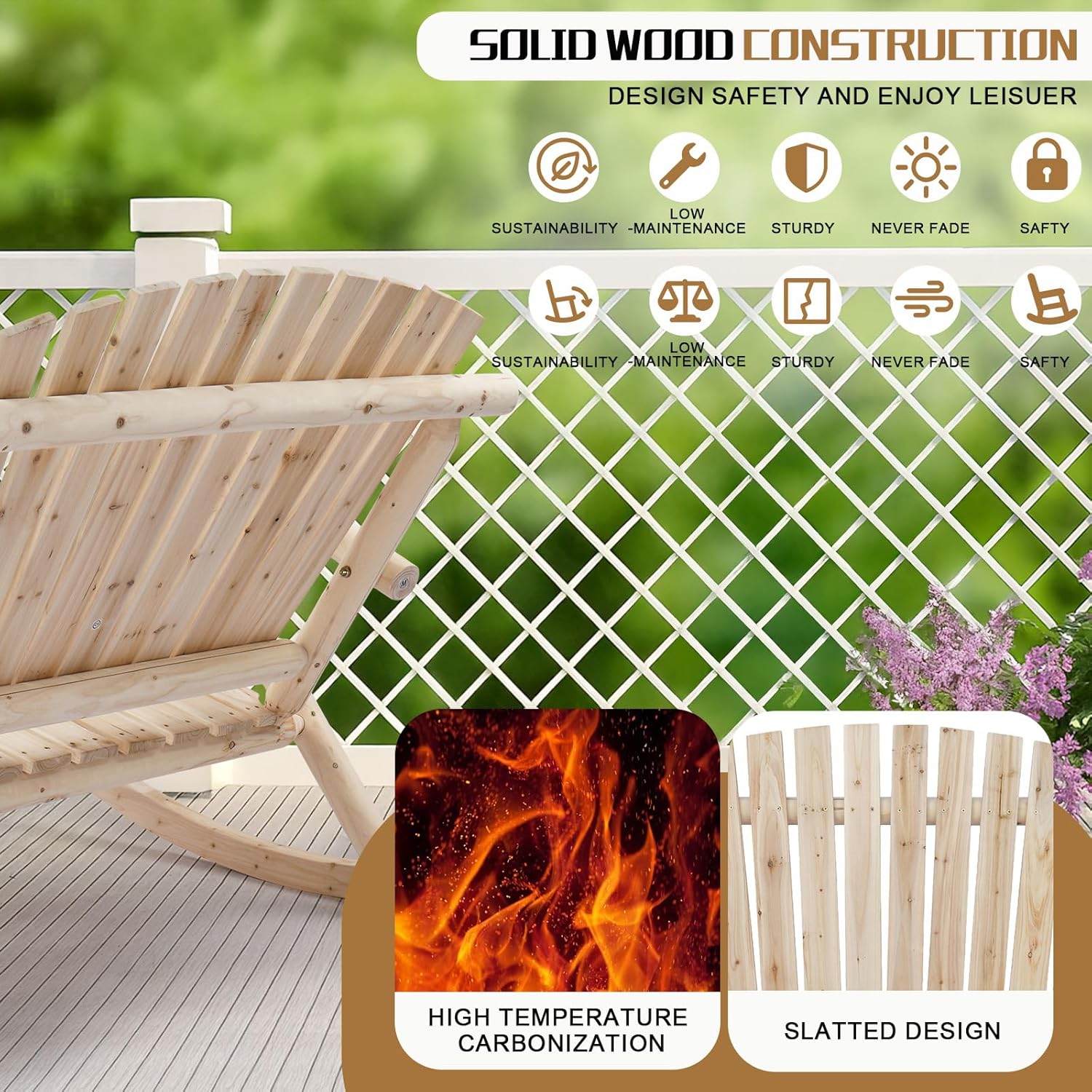 Outvita 2-Person Wood Rocking Chair, Fir Log Adirondack Rocker, Outdoor Wood Accent Furniture Lounge Chairs with Wide Curved Seats for Garden Patio Backyard Porch (Natural Finish)