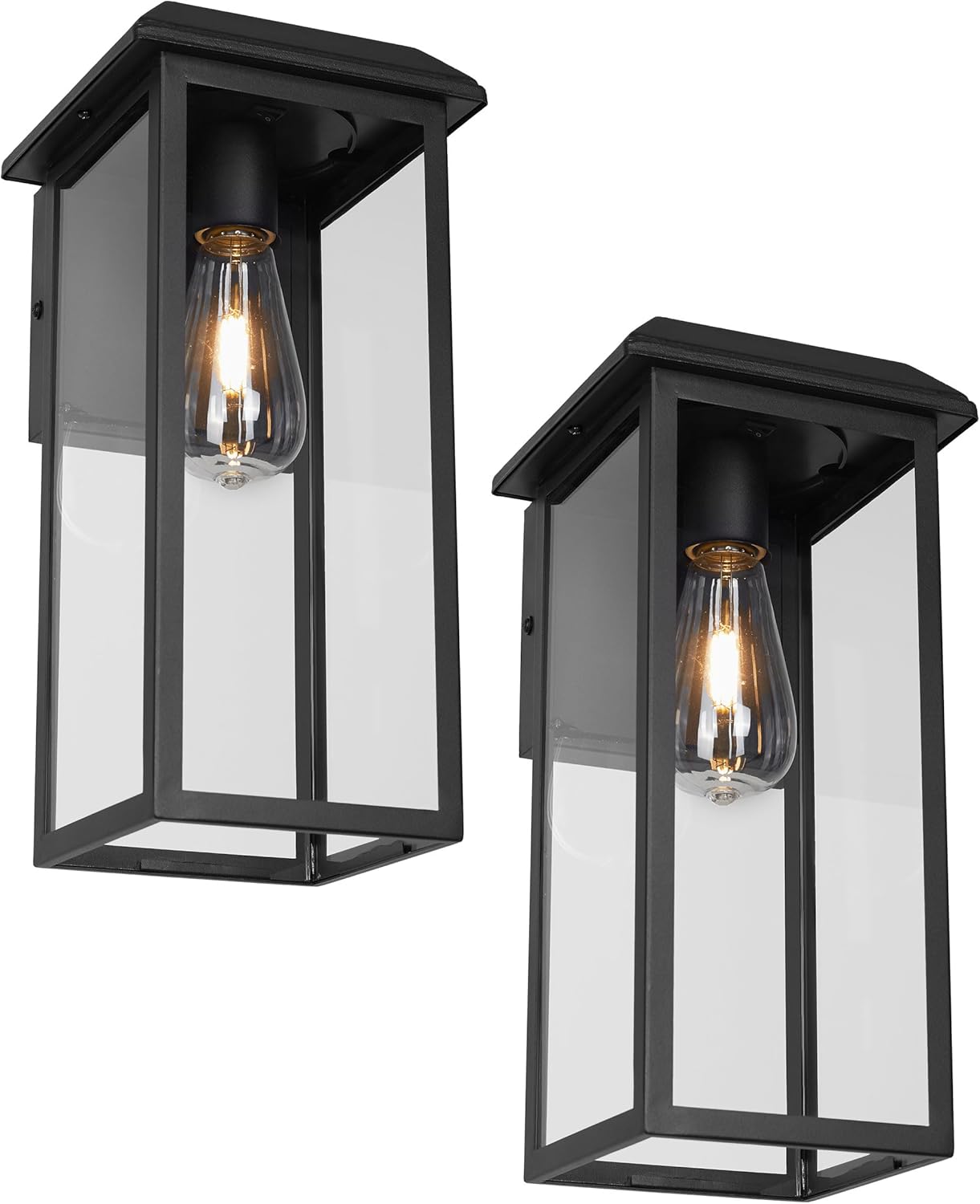 Solar Outdoor Wall Sconce Lights, Exterior Wall Light Fixtures Solar Powered, Anti-Rust Modern Contemporary Black Outside Lantern Lamps with Clear Glass for House Porch Doorway Patio,RZSR008A-2