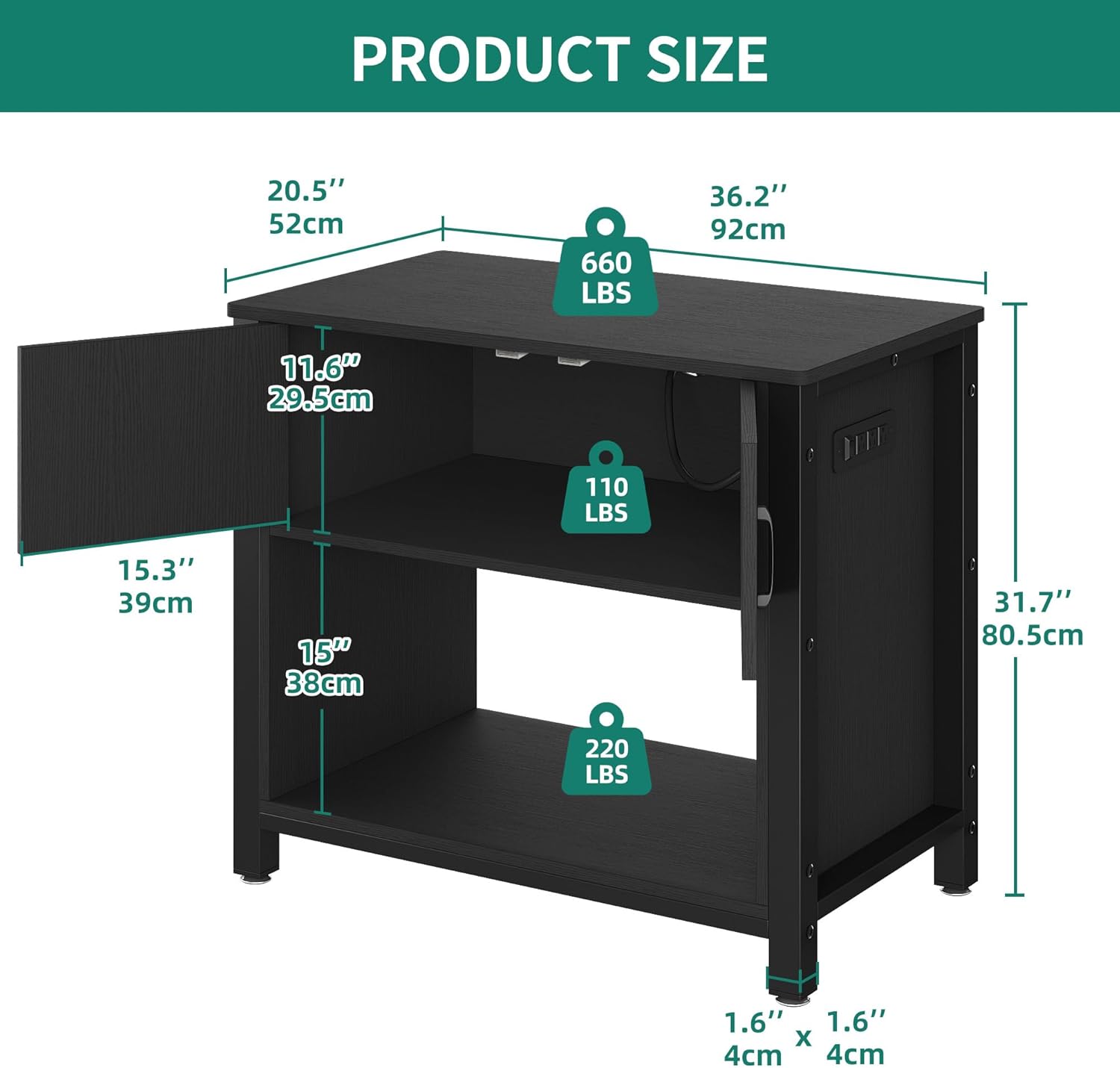 DWVO 40-50 Gallon Aquarium Stand with Power Outlets, Cabinet for Fish Tank Accessories Storage - Metal Frame Fish Tank Stand Suitable for Turtle Tank, Reptile Terrarium, 660LBS Capacity, Black