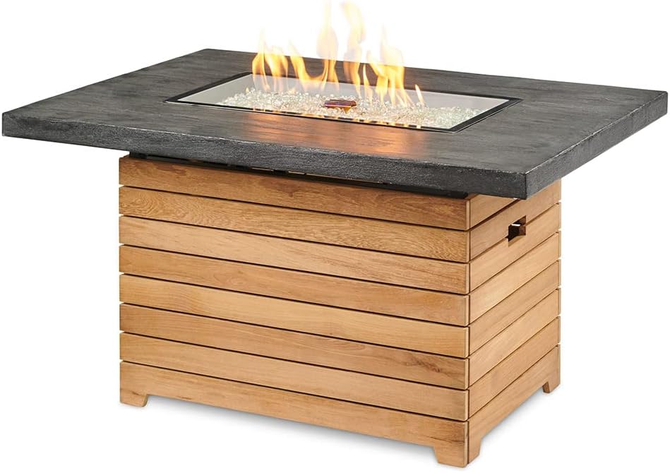 Outdoor GreatRoom Co Propane Fire Pit Table - Darien Gas Fire Pits for Outside Patio - 44 Inch Rectangular Everblend Concrete Firepit Fire Table, Wood Base, Glass Tabletop Cover, 55,000 BTU - Grey