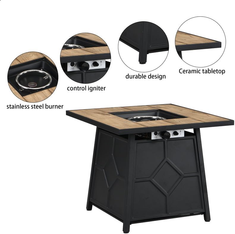 Fire Pit Table, 28-inch Square 40,000 BTU Auto-Ignition Propane Gas Firepit with Waterproof Cover