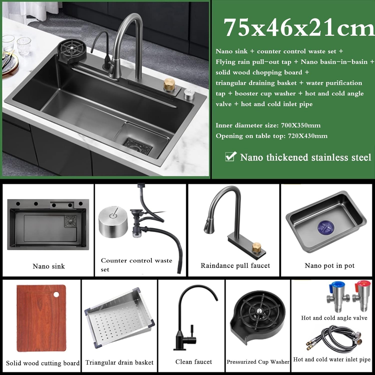 Kitchen Sink Flying rain Waterfall Single Sink with Pull-Out tap, pressurised Cup Washer, Chopping Board and Other Accessories Workstation - Gun Grey, 80 * (