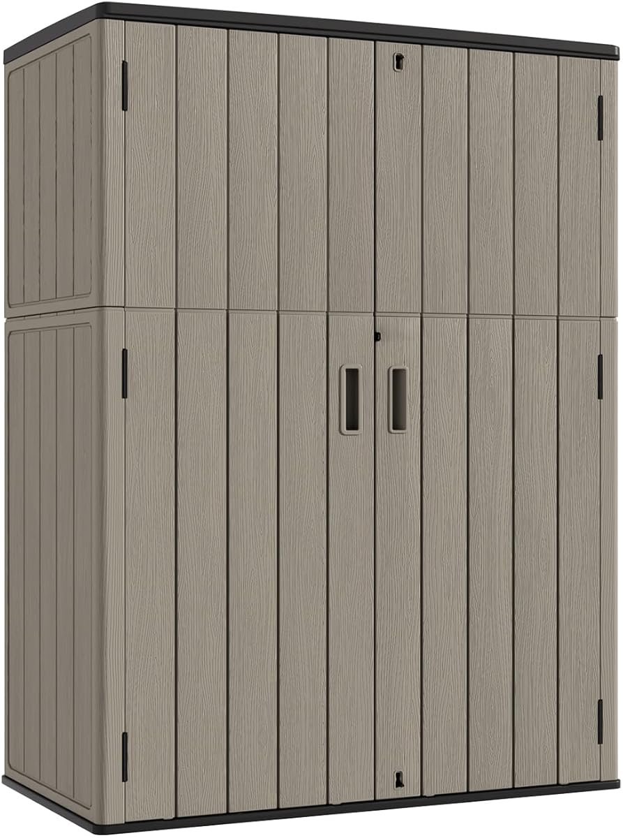 KINYING Outdoor Vertical Storage Shed,57 Cu.ft Outdoor Storage Cabinet Waterproof,Resin Sheds & Outdoor Storage Clearance for Garden,Patio,Backyard,Lockable (Brown)