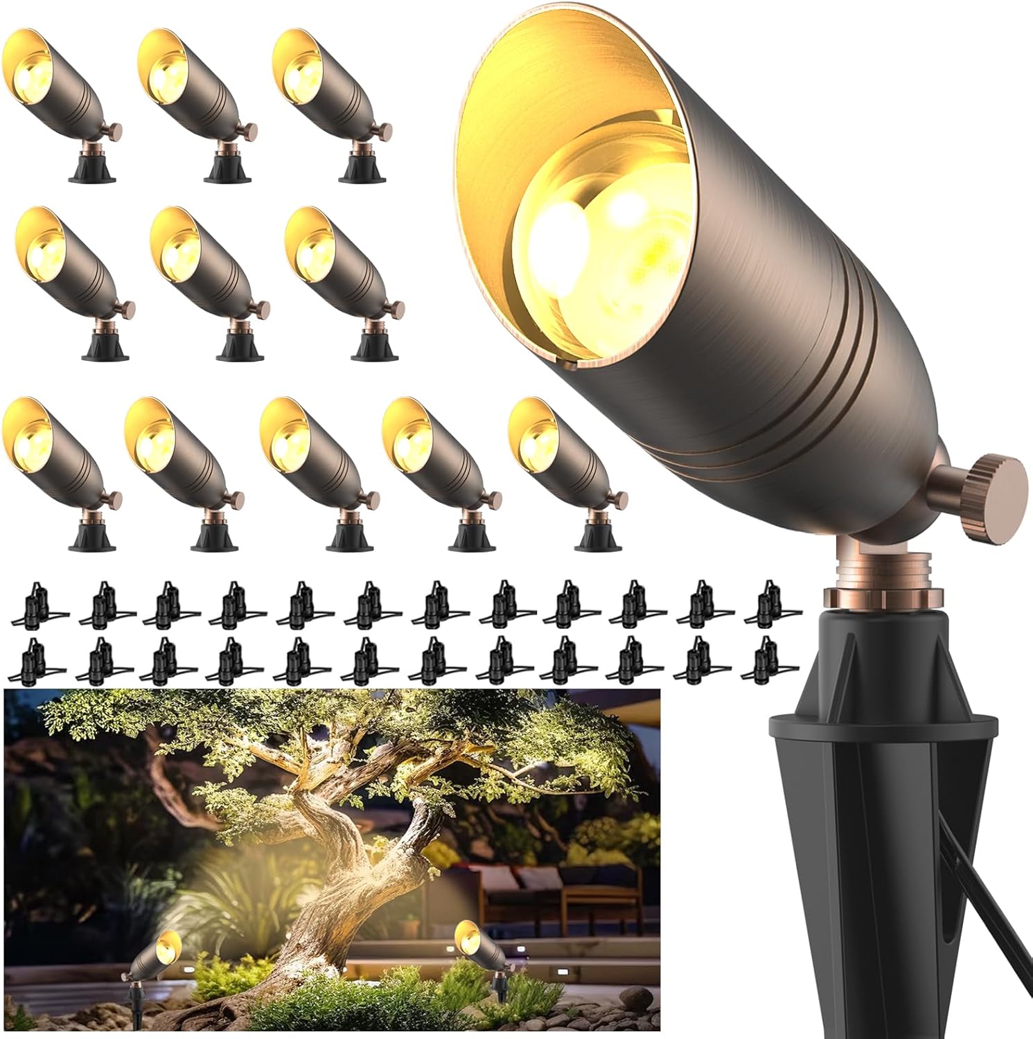 ZONEGRACE Low Voltage Brass Landscape Lights, Heavy-Duty Waterproof 12 Volt Landscape Lighting Bronze with Connectors, Copper Led Uplights & Spotlights, MR16 Bulb Not Included (Classic, 12 Pack)