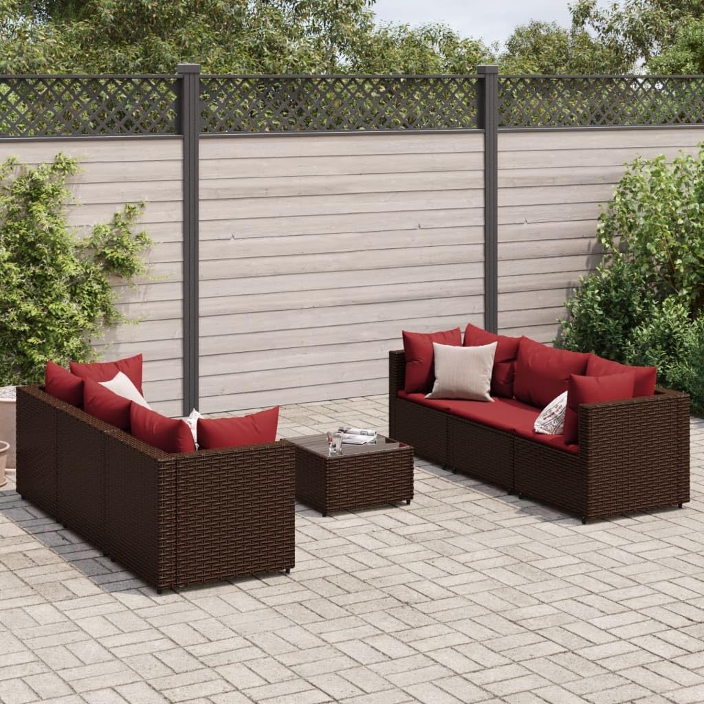 7 Piece Patio Lounge Set with Cushions Brown Poly Rattan,Modular PE Rattan Outdoor Furniture Set with Comfortable Cushions and Tempered Glass Table Patio Furniture Sets, Outdoor Furniture Sets