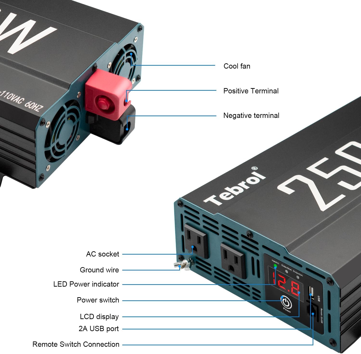 2500W Pure Sine Wave Inverter 12V DC to 110V AC Converter for Home, RV, Truck, Off-Grid Solar Power Inverter with Built-in 5V/2.1A USB, AC Hardwire Port, Remote Controller