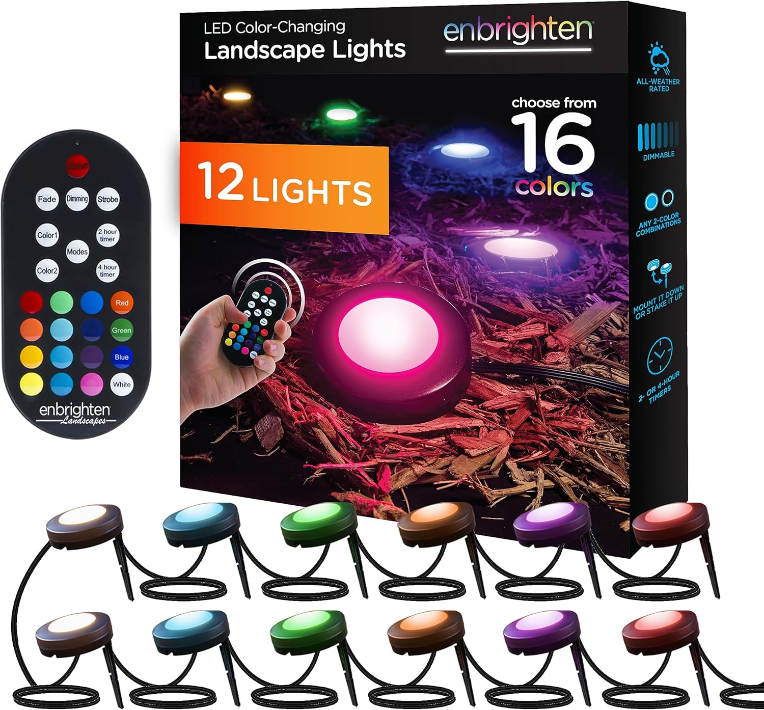 Enbrighten LED Ground Lights, 12 Path Lights, 110ft, Color Changing, Remote Control, Outdoor Path Lighting, 41017