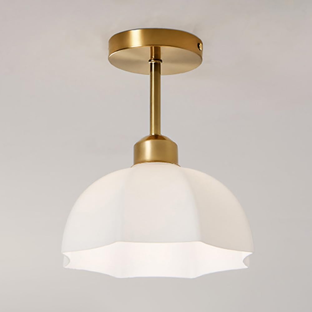 White Glass Semi Flush Mount Ceiling Light Fixture, Modern Nordic Hallway Ceiling Light, Aisle Light Close to Ceiling Light Living Room Entrance Porch Gold Ceiling Lamps