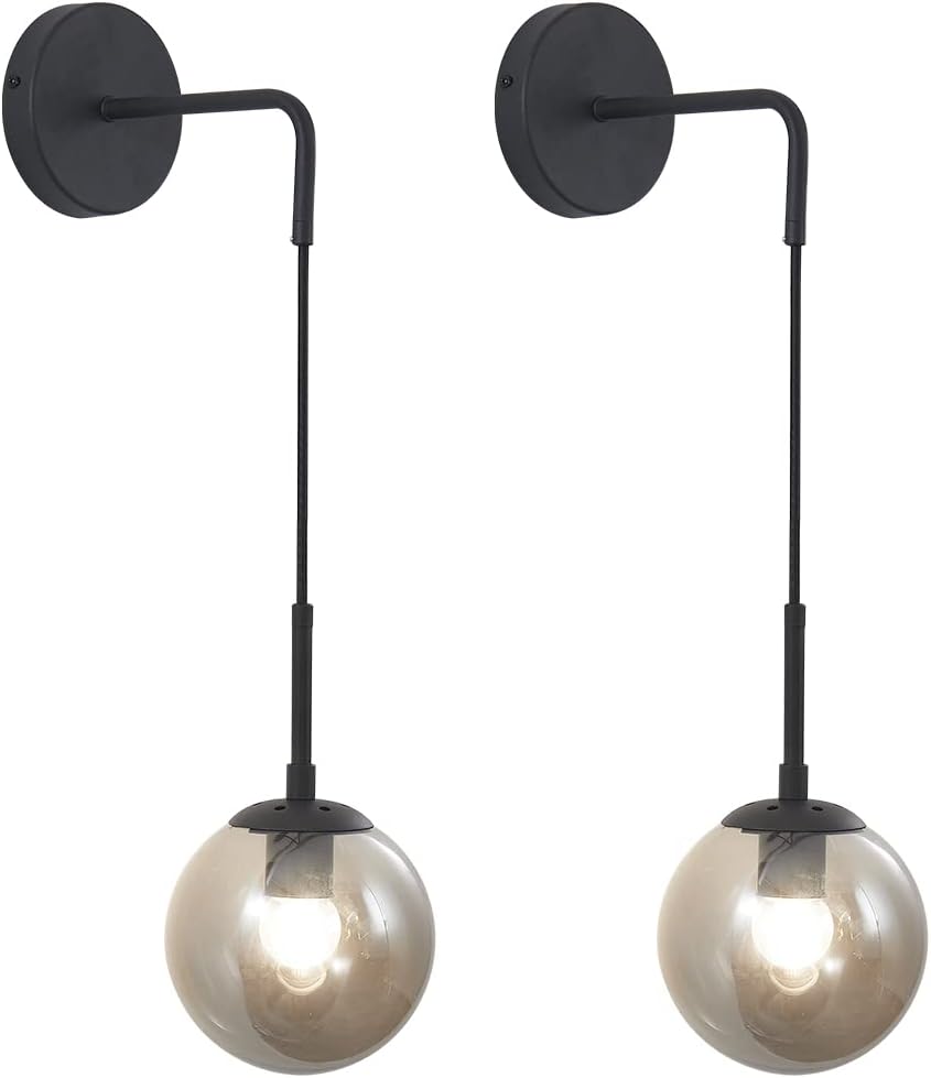 KCO Lighting Black Glass Globe Wall Sconce Set of 2 Farmhouse Industrial Wall Lamp with Adjustable Cord Mid Century Modern Wall Mount Reading Light for Bathroom Mirror Bedside Stairs (Smoke Grey)